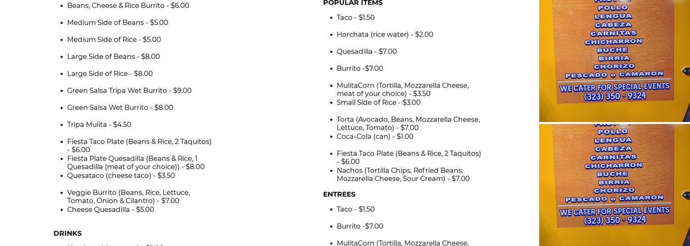 tacos quiroga Menu