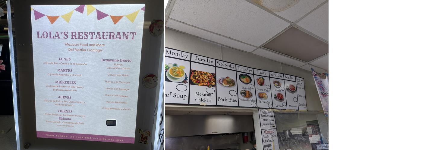 Lolas Restaurant Menu