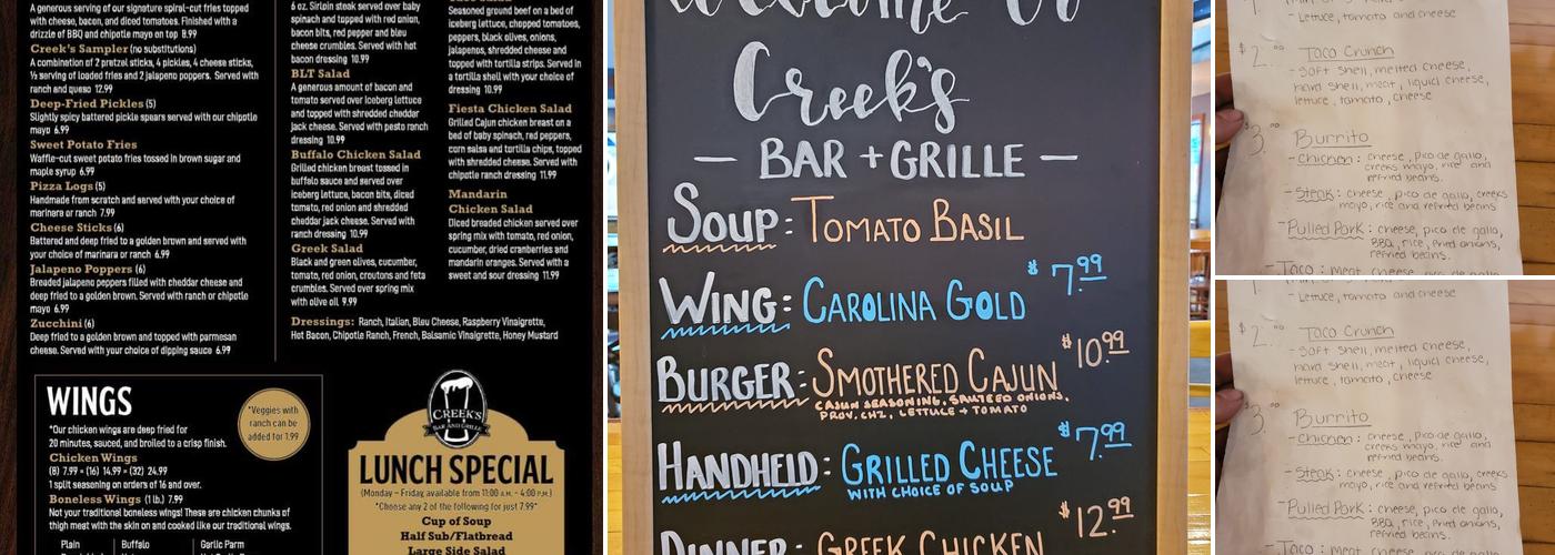 Creeks, Bar and Grille Menu
