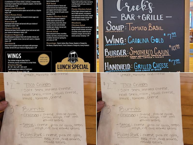 Creeks, Bar and Grille Menu