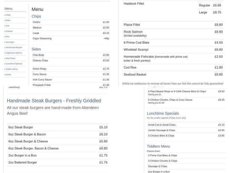 Robinsons Fish & Chips Menu