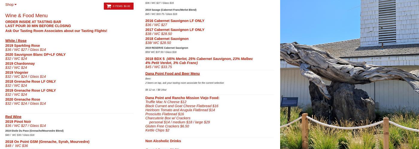 Frisby Cellars Winery - Dana Point Tasting Room Menu