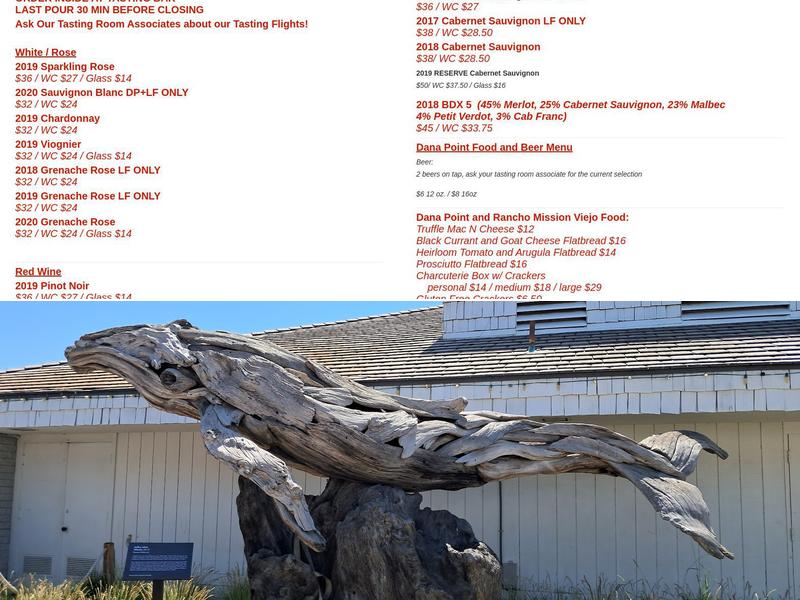 Frisby Cellars Winery - Dana Point Tasting Room Menu