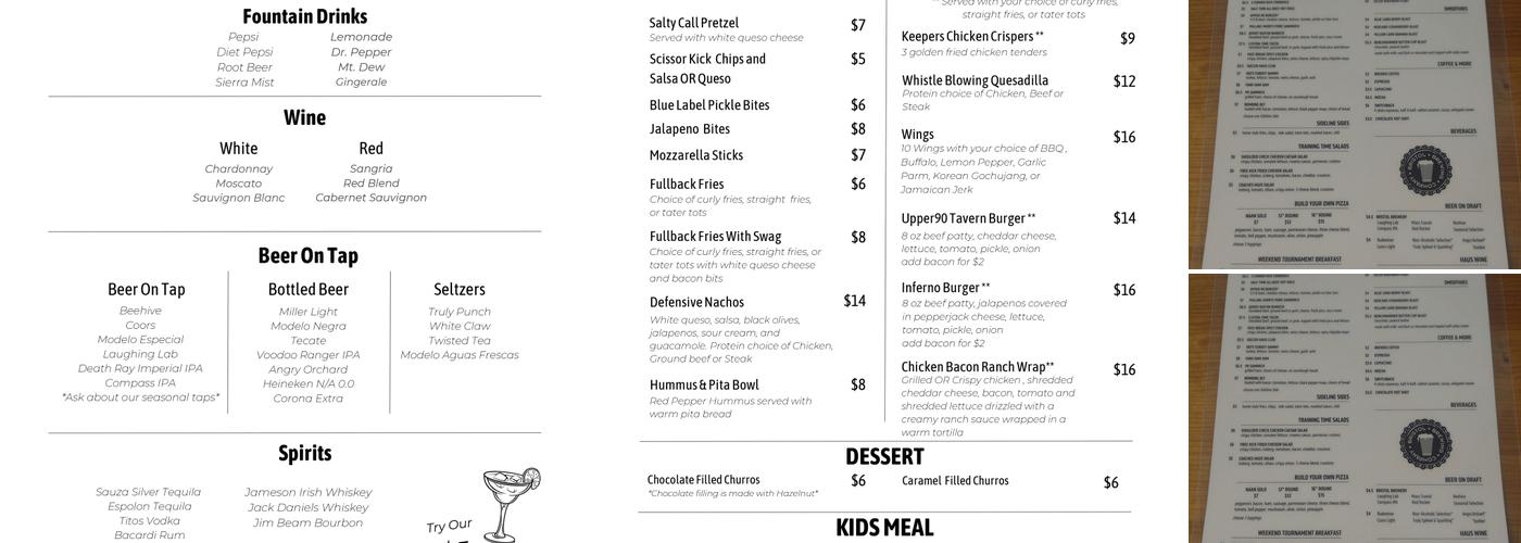 Upper90 Tavern Menu