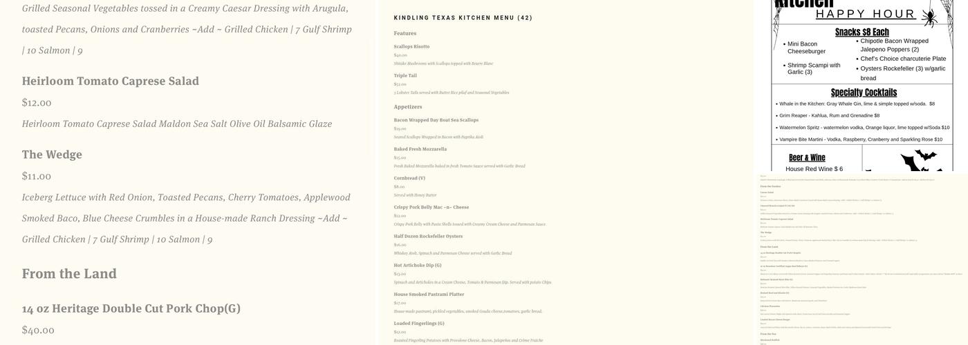 Kindling Texas Kitchen Menu