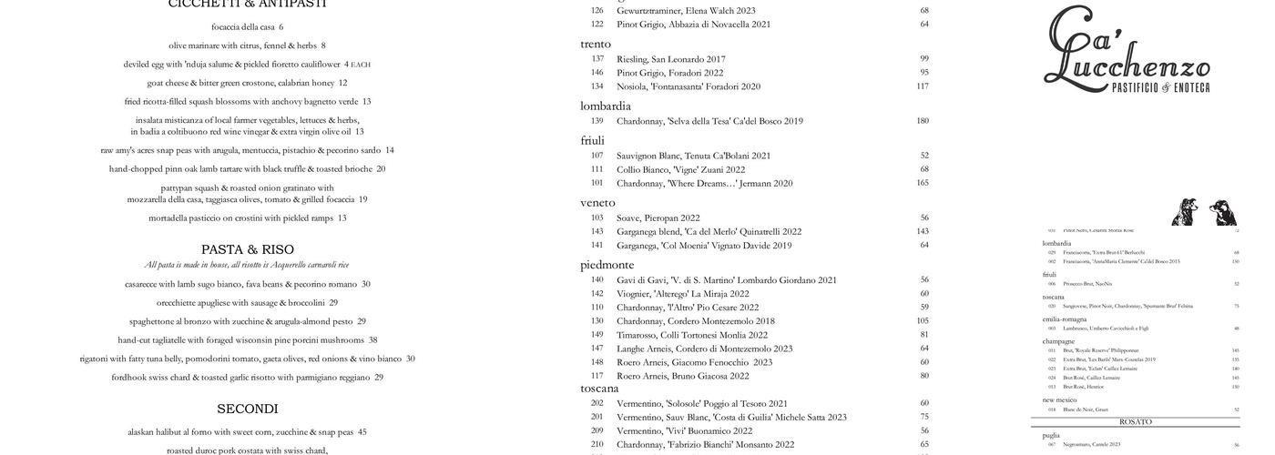 Ca’Lucchenzo Menu