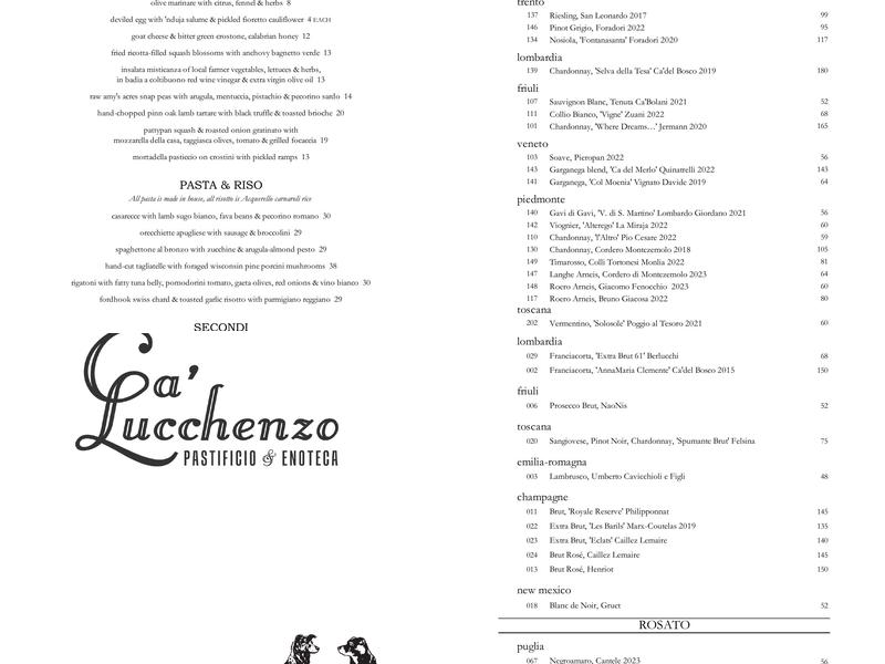 Ca’Lucchenzo Menu