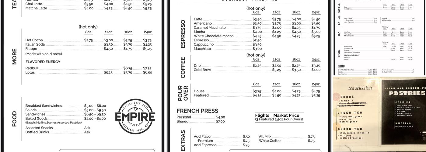 Empire Coffee Menu