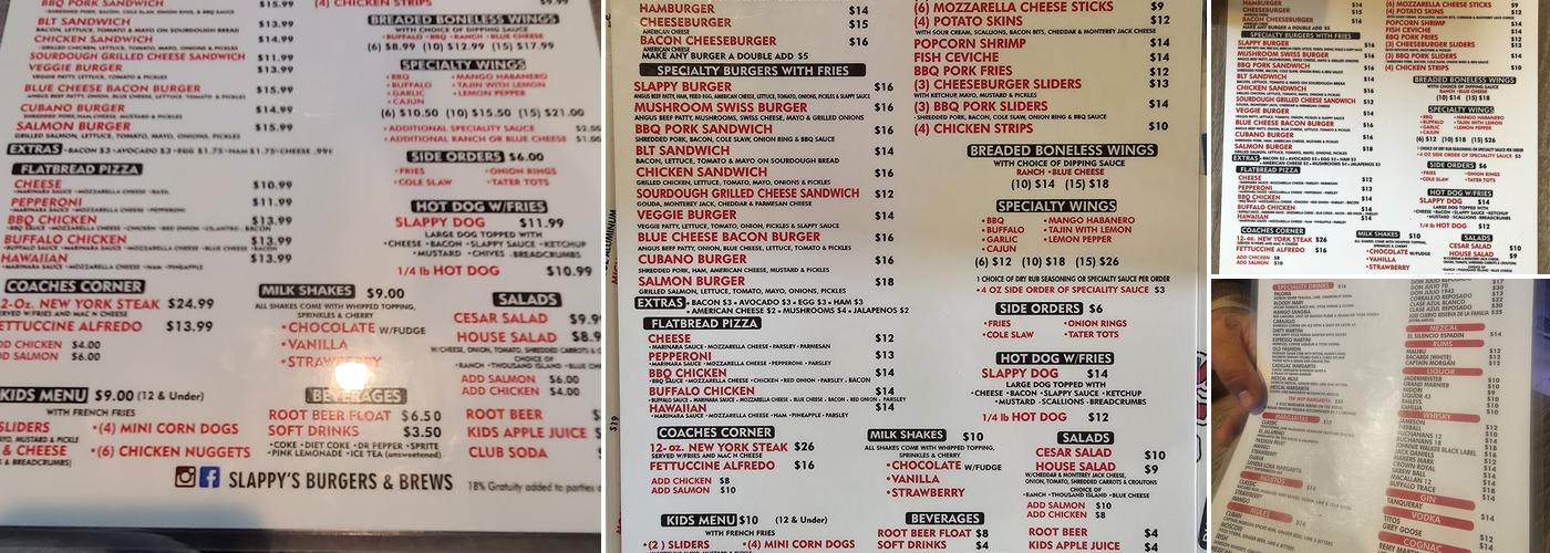 Slappy's Burgers and Brews Menu