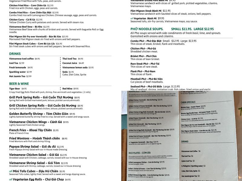 The Pho Cabin Menu