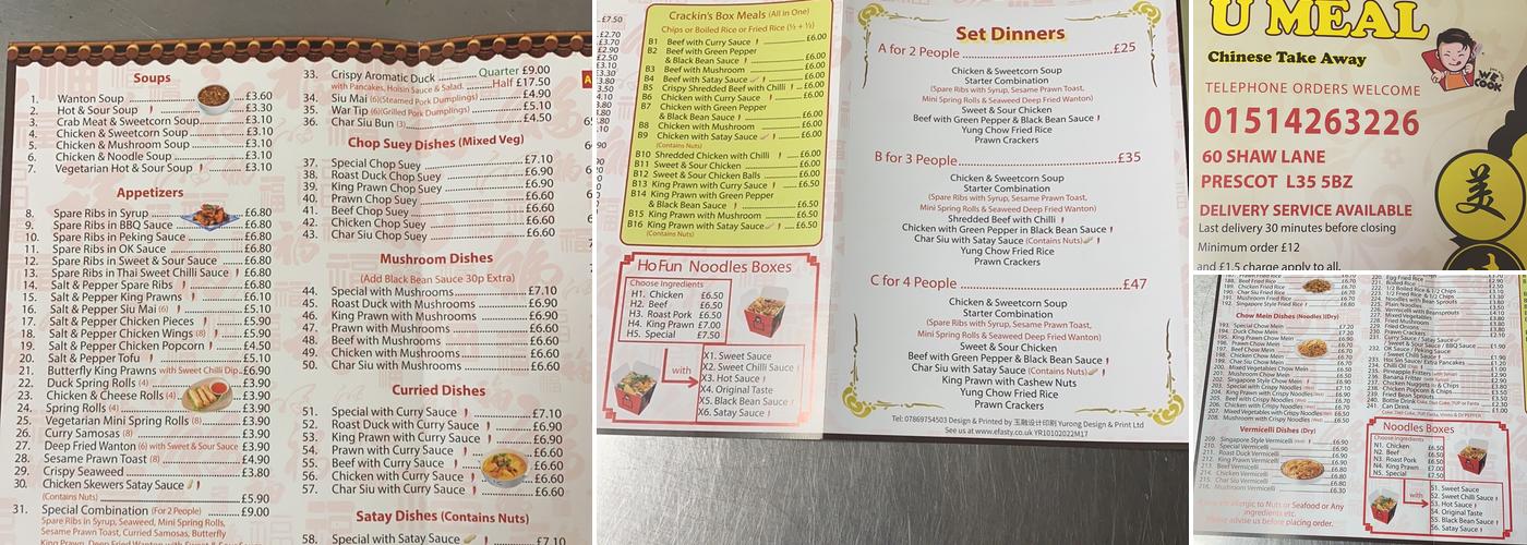 U Meal Chinese Takeaway Menu