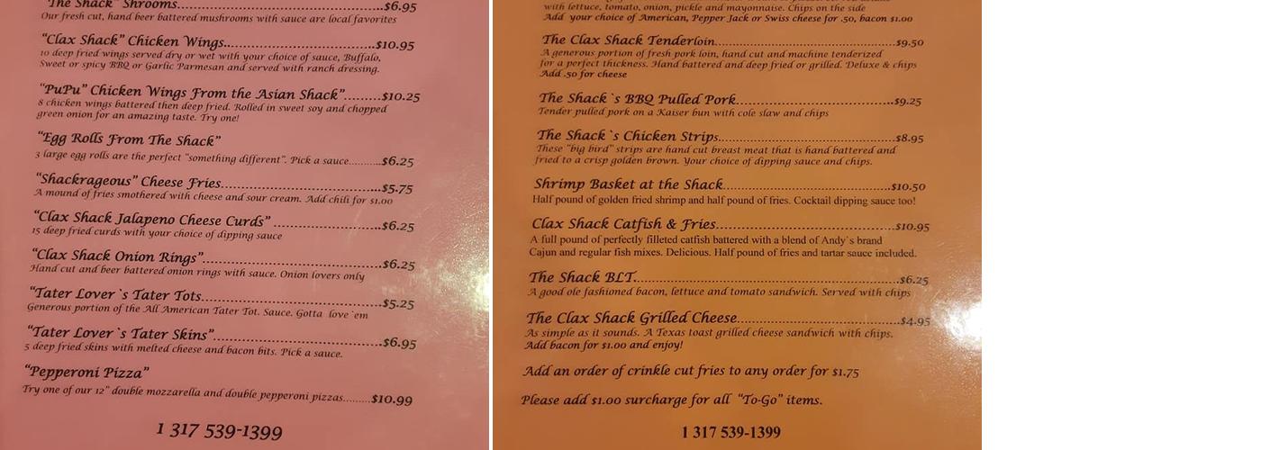 Clax Shack Menu
