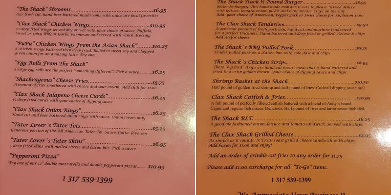 Clax Shack Menu