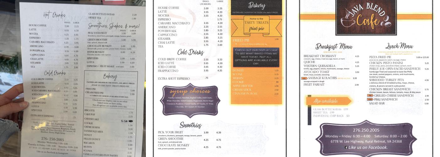 Java Blend Cafe Menu