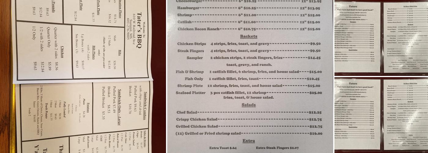 Taters Menu
