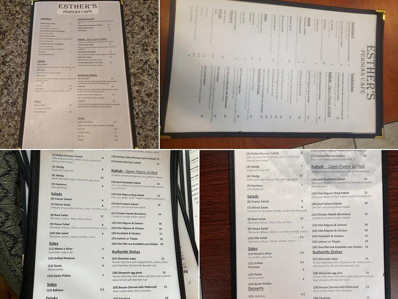 Esther's Persian Cafe Menu