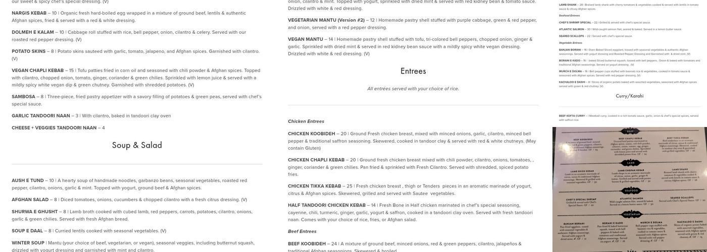 The Mantu | Modern Afghan Cuisine Menu