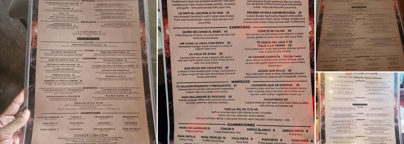 Zona De Cuba Menu