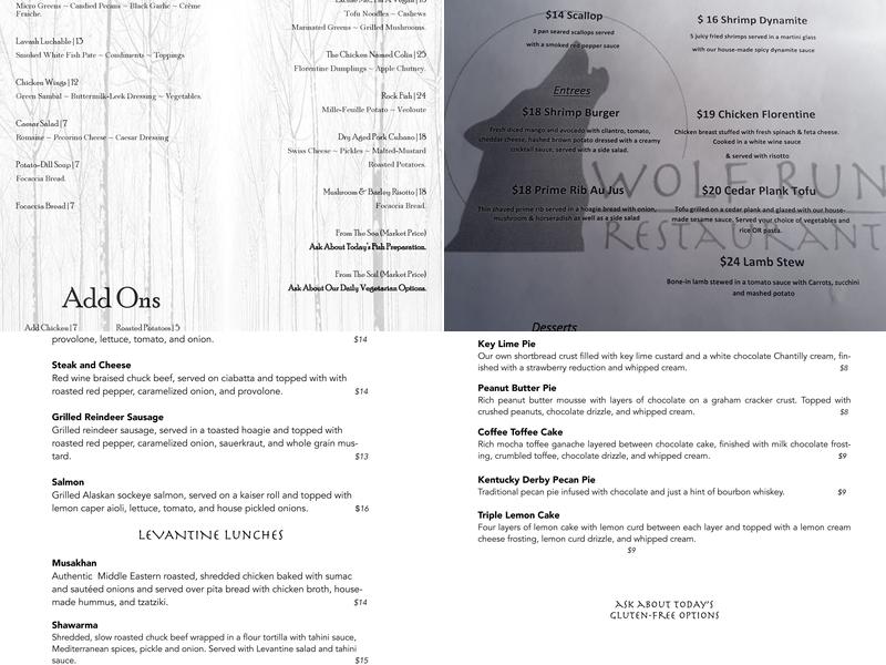 Wolf Run Restaurant Menu