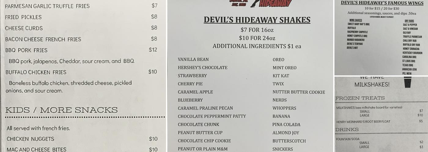 Devil's Hideaway Menu