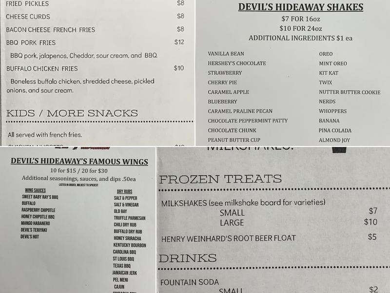 Devil's Hideaway Menu