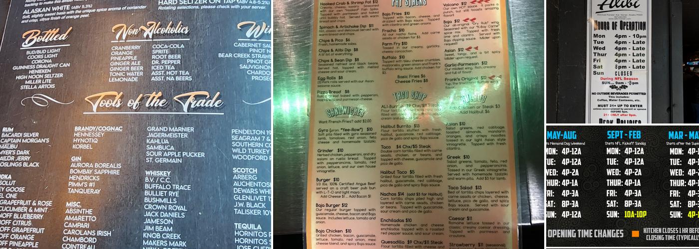 Alibi Bar & Cafe Menu
