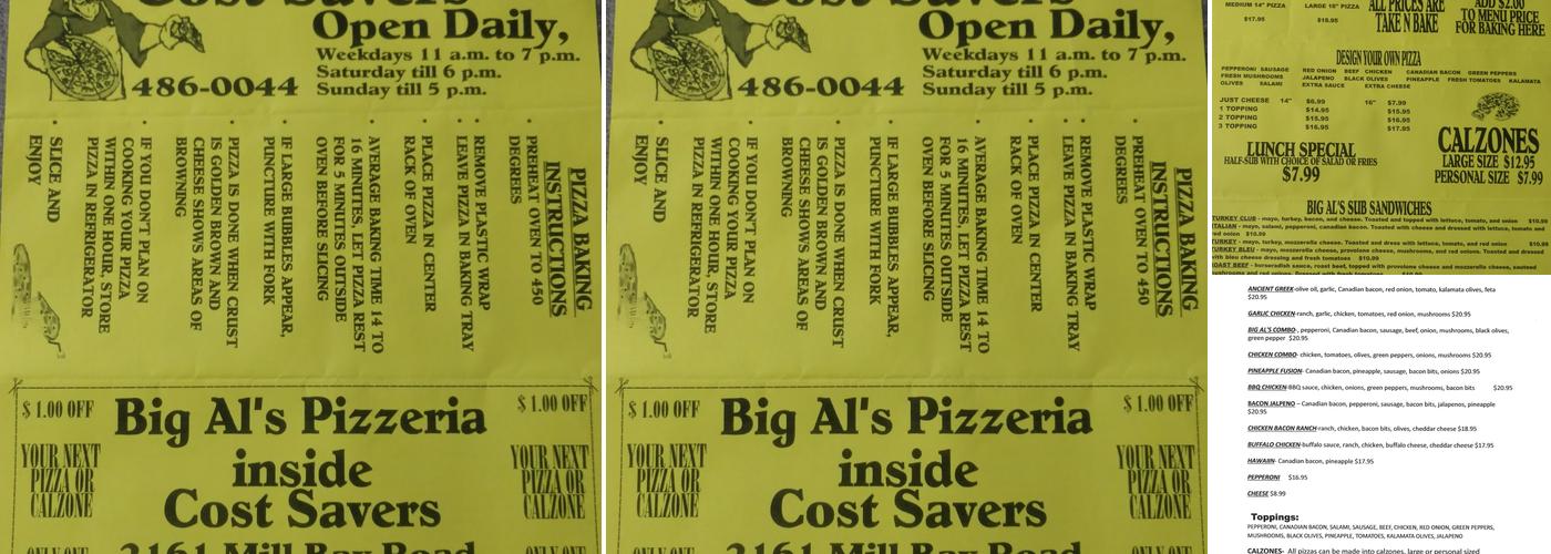 Big Al's Take & Bake Menu