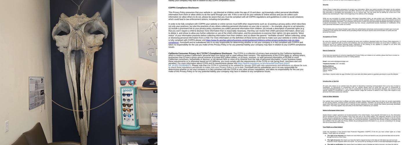 Alaska Glacier Lodge Menu