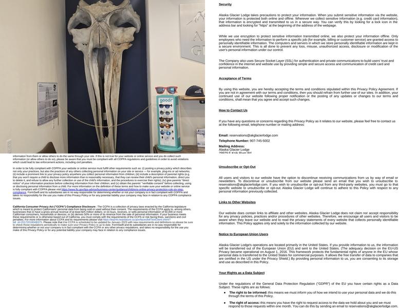 Alaska Glacier Lodge Menu