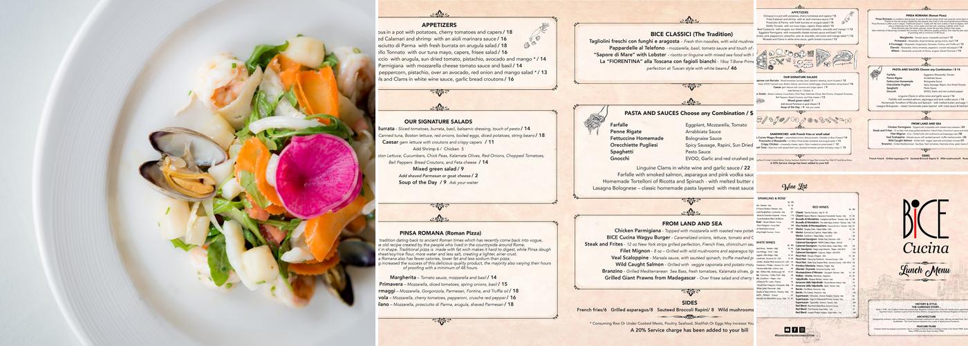 BiCE Restaurant Group Menu