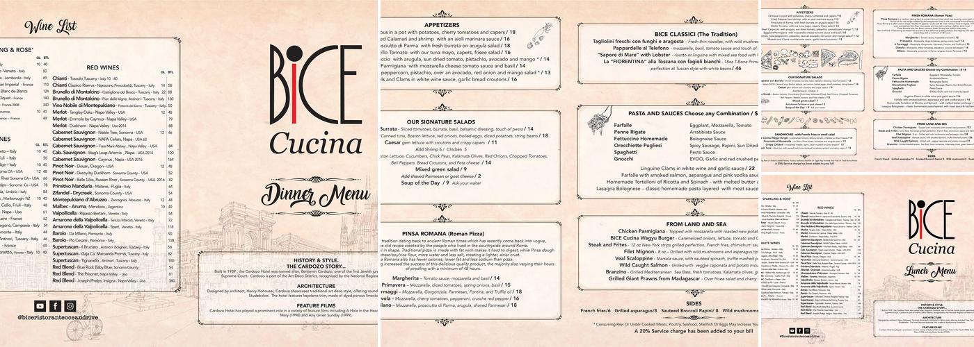 BiCE Restaurant Group Menu