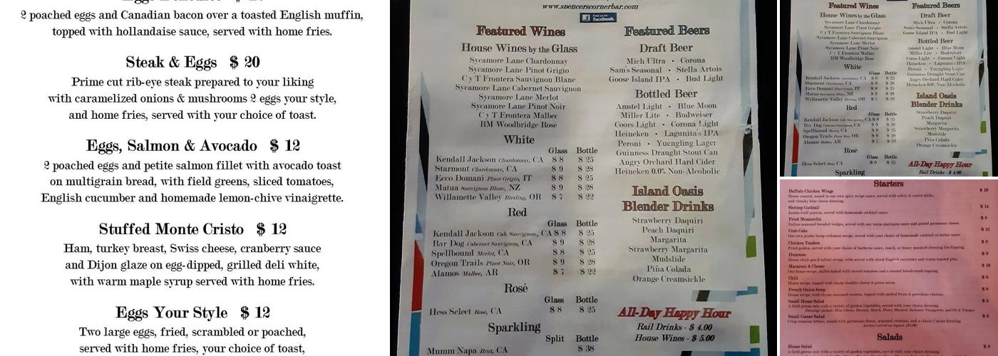 Spencer's Corner Bar Menu
