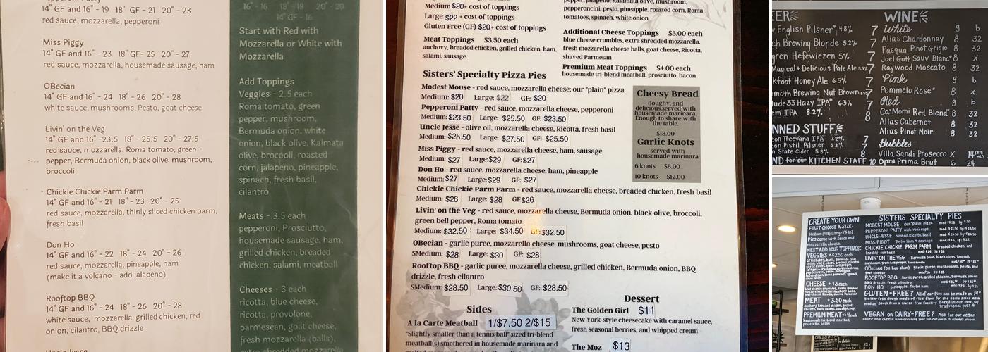 Sisters Pizza Menu