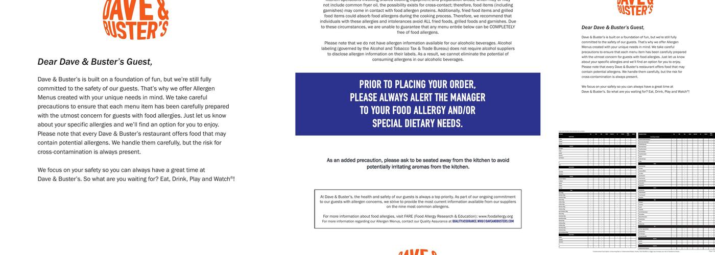 Dave & Buster's Menu