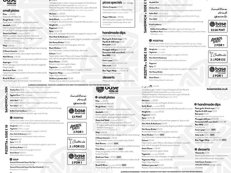 Base Pizzeria & Bar Menu