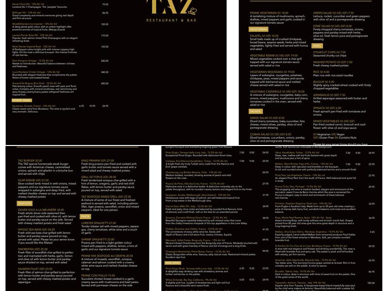 Taz Restaurant Menu