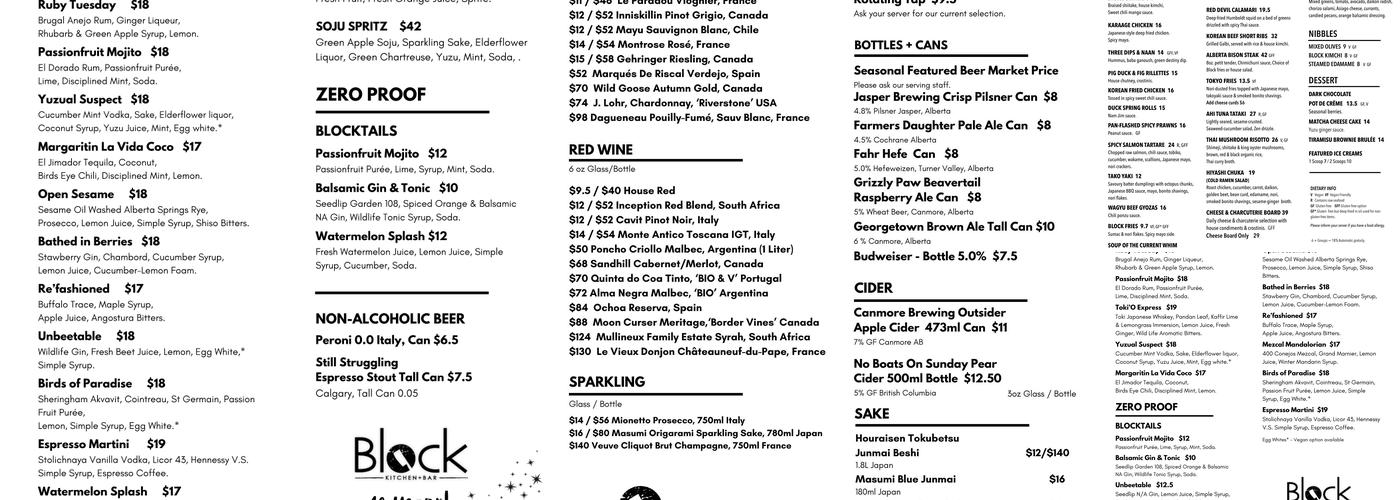 Block Kitchen + Bar Menu
