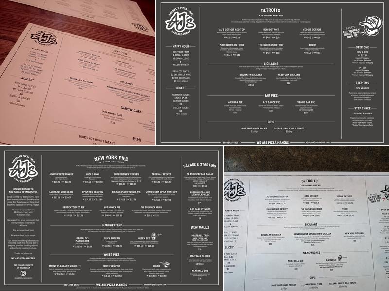 AJ's Brooklyn Pizza Joint Menu