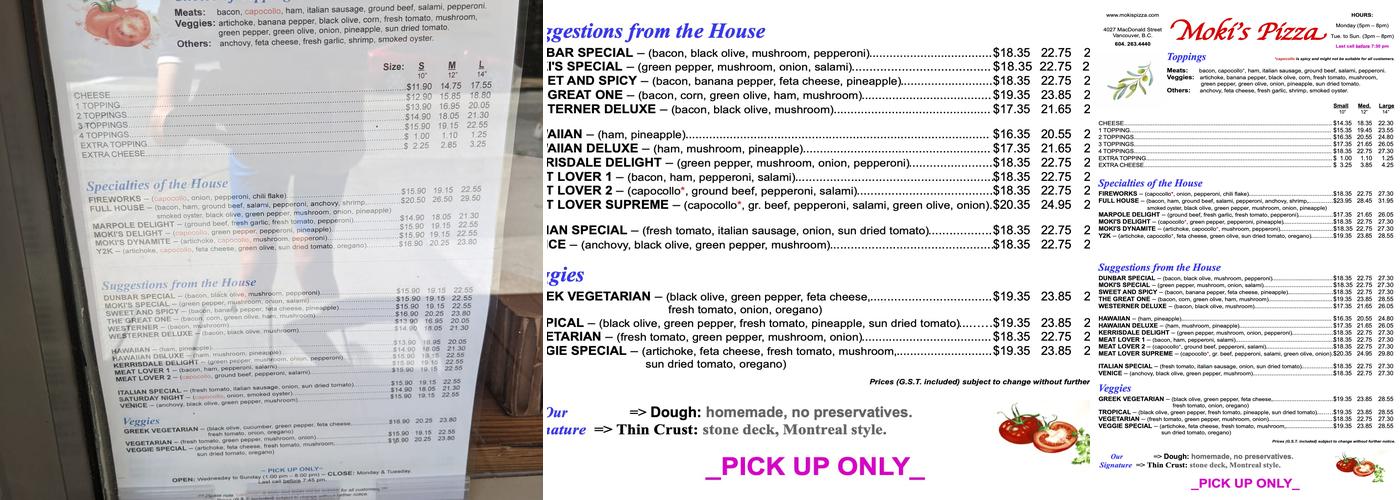 Moki's Pizza Menu