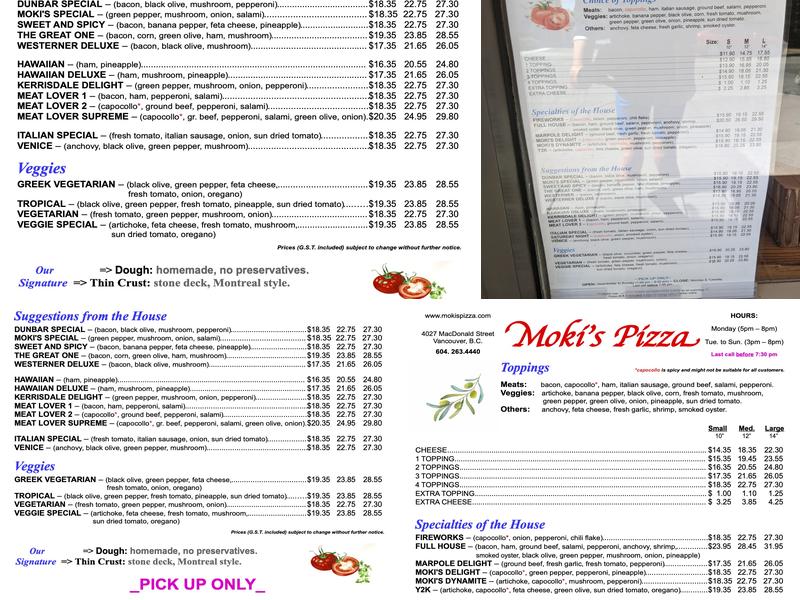 Moki's Pizza Menu