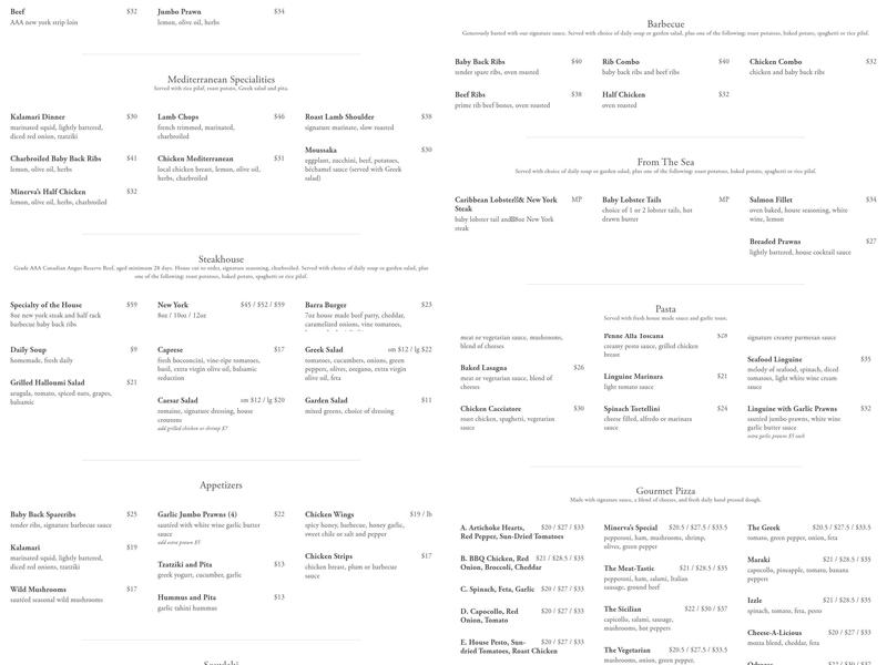 Minerva’s Restaurant Menu