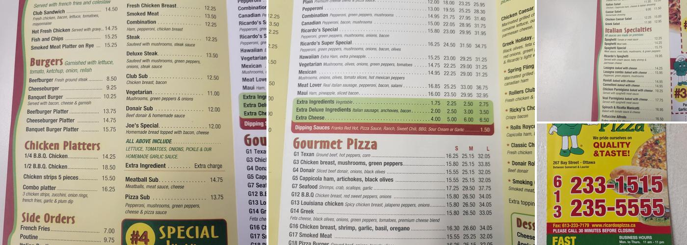 Ricardo's Pizza Menu