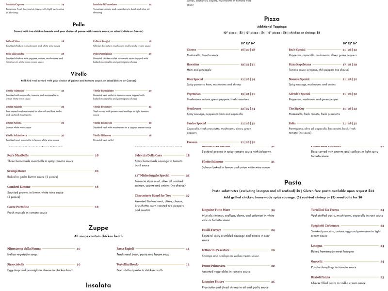 Rea's Italian Cucina Menu