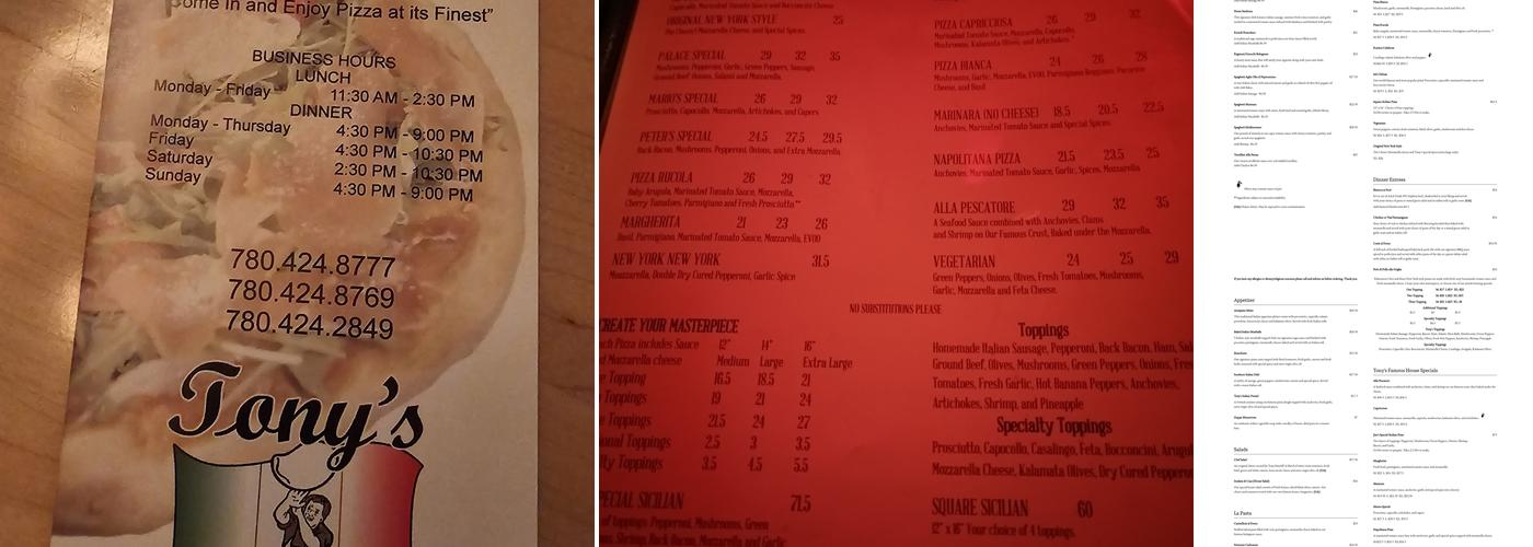 Tony's Pizza Palace Menu