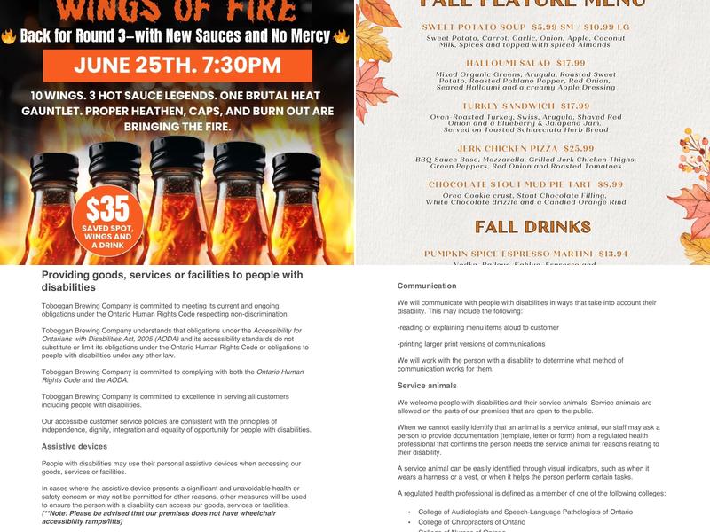 Toboggan Brewing Company Menu