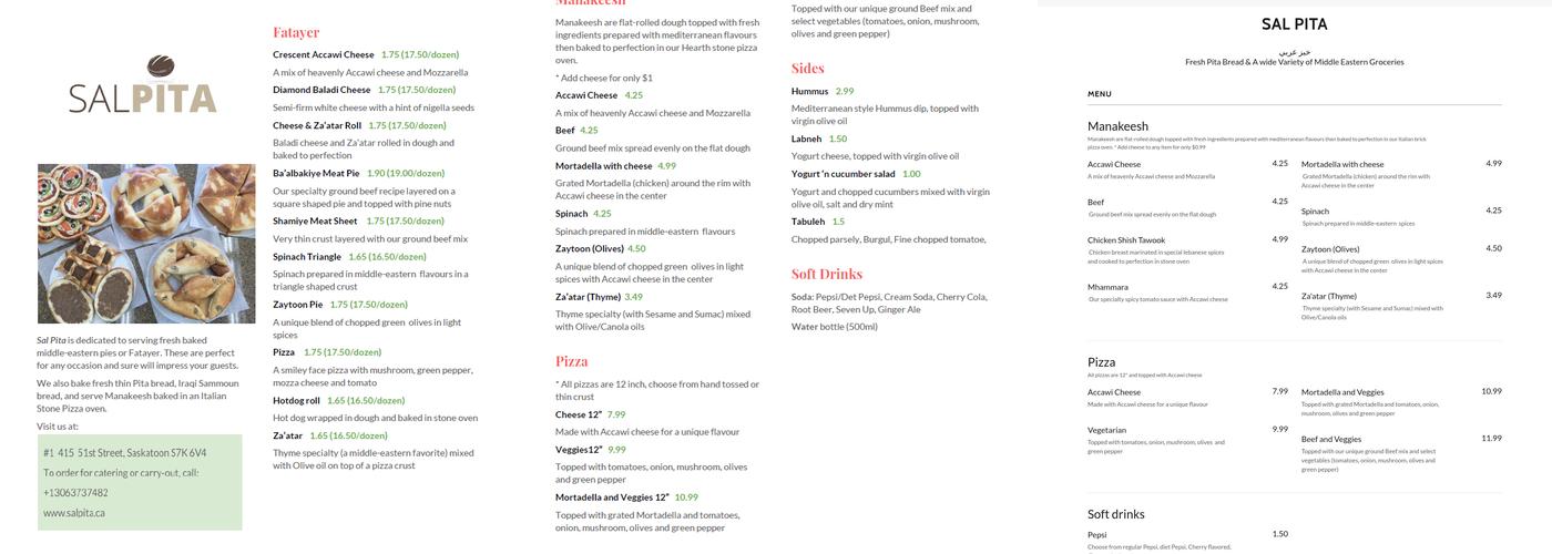 Sal Pita Bakery and Supermarket Menu