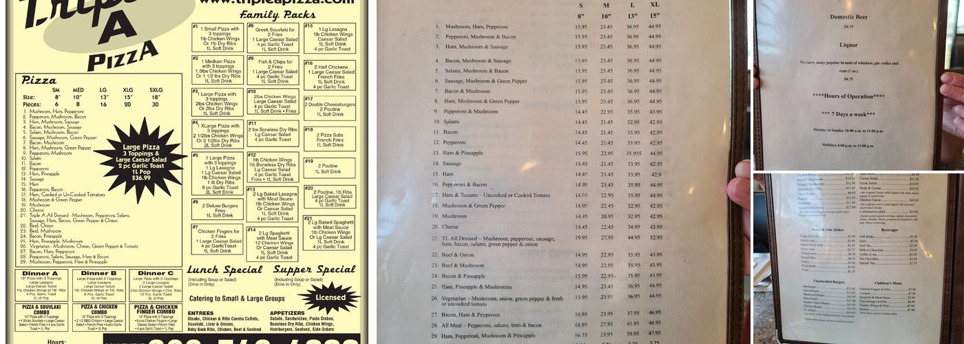 Triple A Pizza Menu