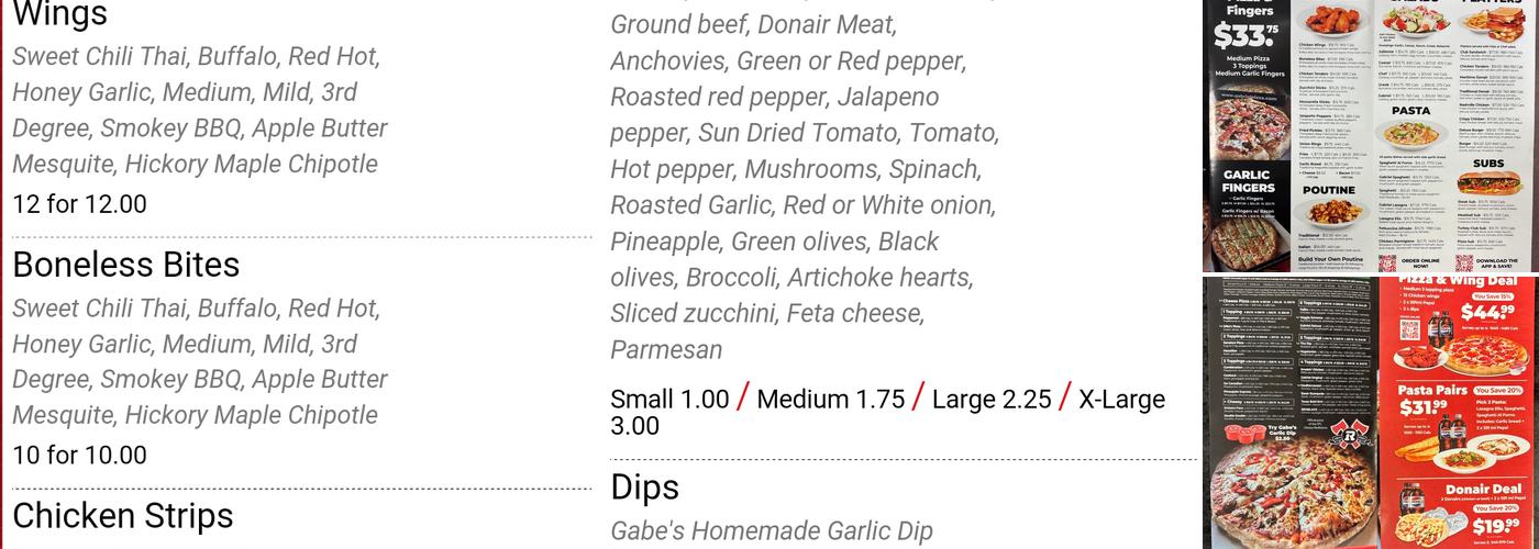 Gabriel Pizza Menu