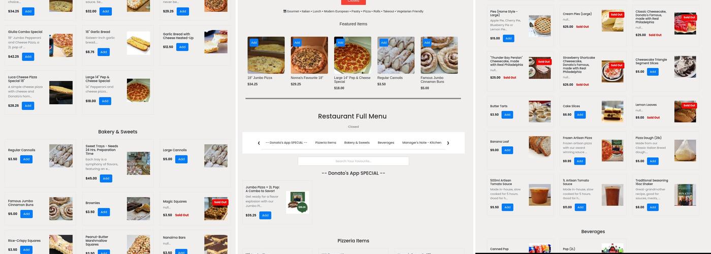 Donato's Bakery Menu