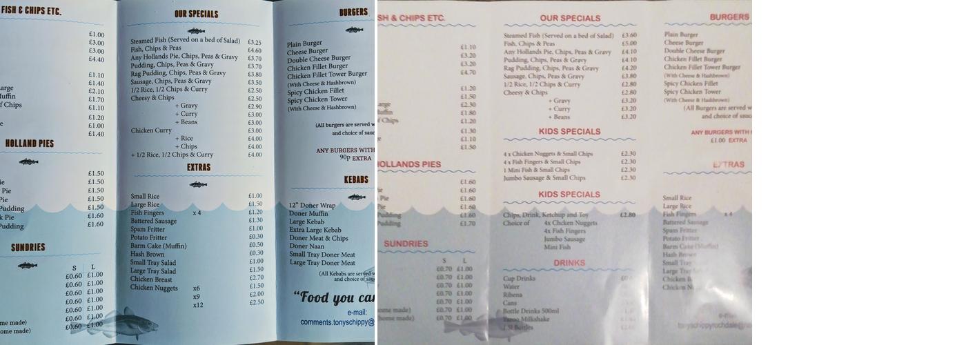 Tonys Chippy Menu